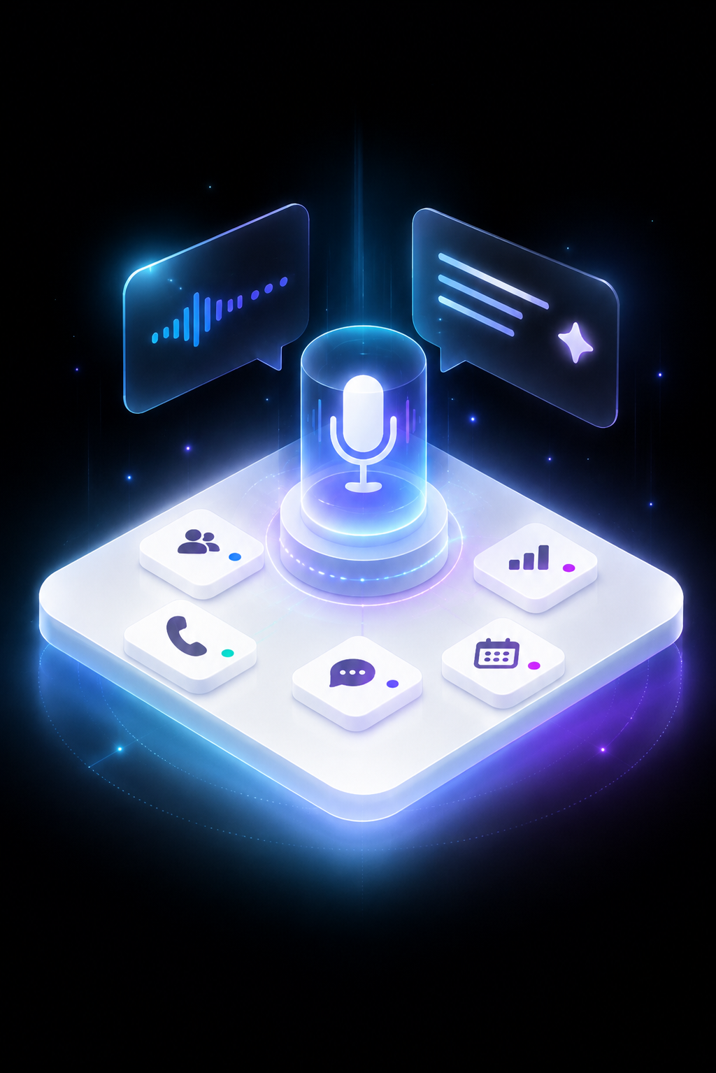 Τρισδιάστατη απεικόνιση AI voice agent που συνδέει κλήσεις, πελάτες, δεδομένα και ραντεβού
